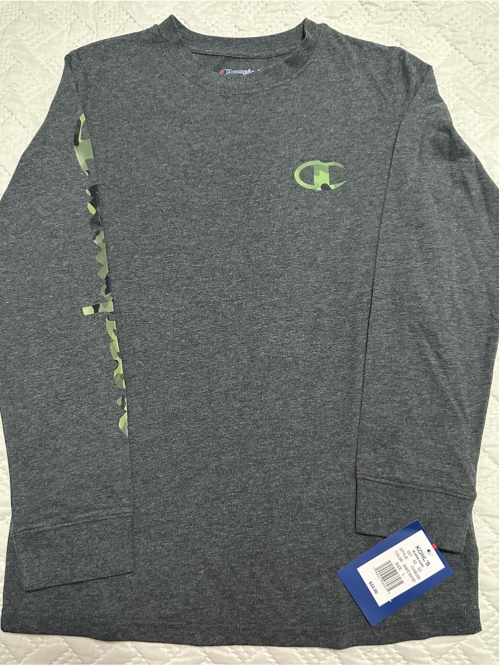 Champion Light Long Sleeve Boys - Charcoal with Green Logo Accents - Size Large